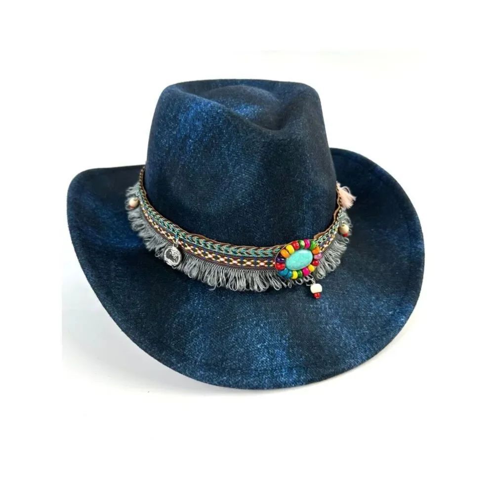 NWT Boho Blue Marbled Denim Look Western Cowboy Hat Beaded Turquoise Tassel Trim